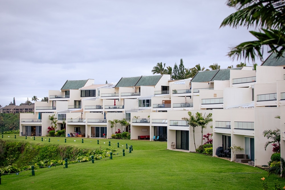 A row of multi-story timeshare condos